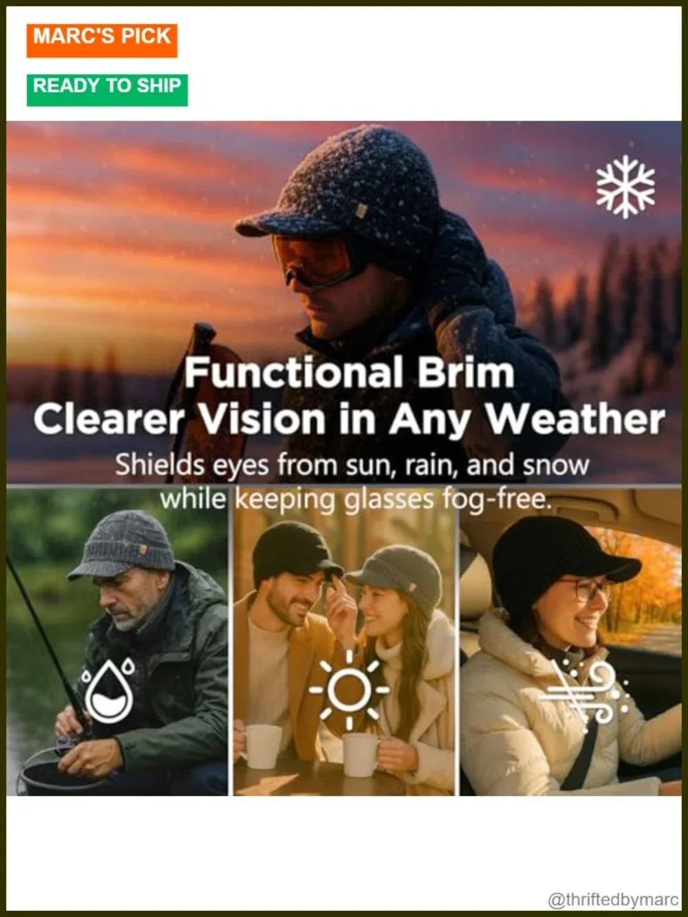 Waterproof Fleece Lined Merino Wool Blend Beanie with Brim Visor Winter Hat